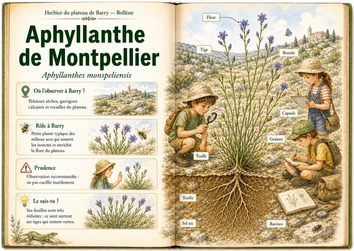 Infographie sur l’Aphyllanthe de Montpellier dans la flore du Barry