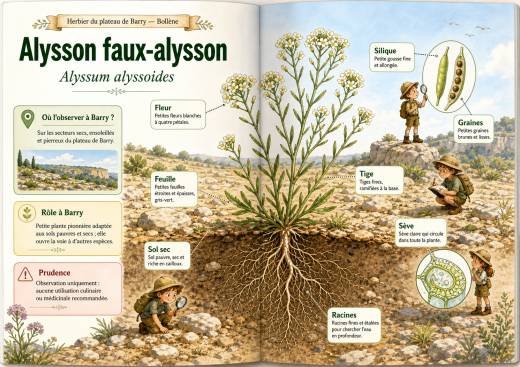 Infographie botanique sur Alysson faux-alysson dans la flore du massif de Barry à Bollène