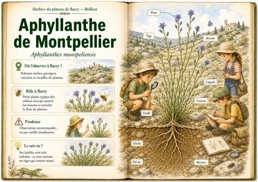 Infographie botanique sur Aphyllanthe de Montpellier dans la flore du massif de Barry à Bollène
