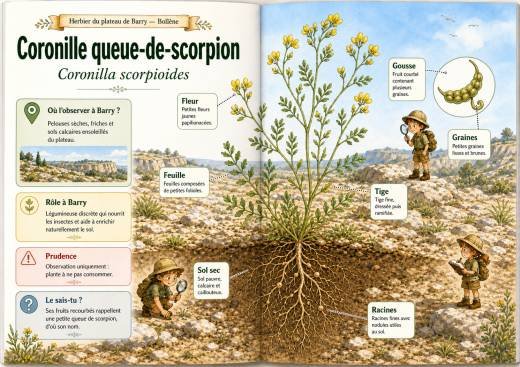 Infographie botanique sur Coronille queue-de-scorpion dans la flore du massif de Barry à Bollène