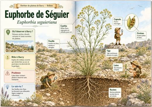 Infographie botanique sur Euphorbe de Séguier dans la flore du massif de Barry à Bollène