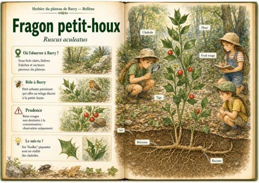 Infographie botanique sur Fragon petit-houx dans la flore du massif de Barry à Bollène