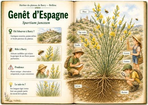 Infographie botanique sur Genêt d’Espagne dans la flore du massif de Barry à Bollène