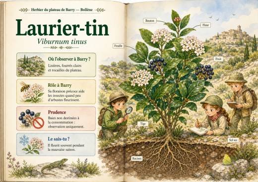 Infographie botanique sur Laurier-tin dans la flore du massif de Barry à Bollène