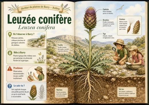 Infographie botanique sur Leuzée conifère dans la flore du massif de Barry à Bollène