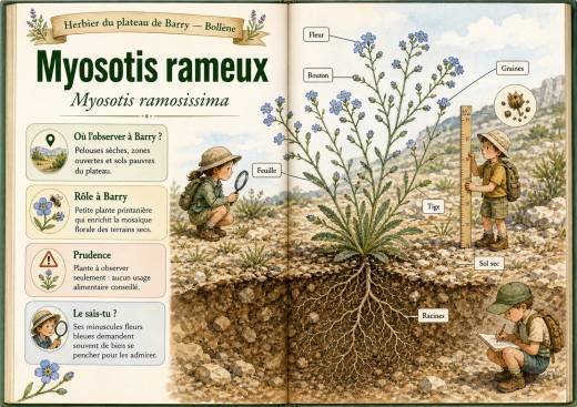 Infographie botanique sur Myosotis rameux dans la flore du massif de Barry à Bollène