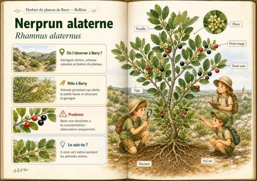 Infographie botanique sur Nerprun alaterne dans la flore du massif de Barry à Bollène