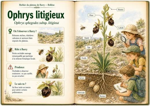 Infographie botanique sur Ophrys litigieux dans la flore du massif de Barry à Bollène