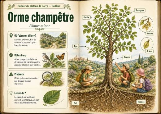 Infographie botanique sur Orme champêtre dans la flore du massif de Barry à Bollène