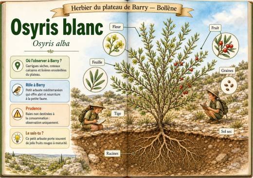 Infographie botanique sur Osyris blanc dans la flore du massif de Barry à Bollène