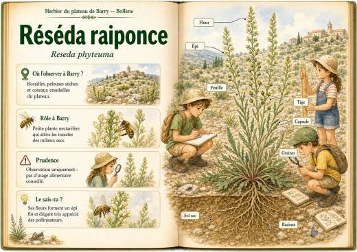 Infographie botanique sur Réséda raiponce dans la flore du massif de Barry à Bollène