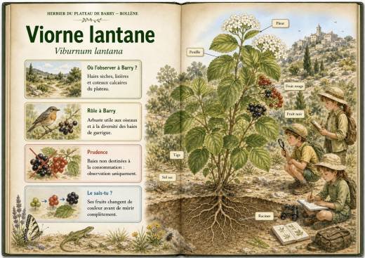 Infographie botanique sur Viorne lantane dans la flore du massif de Barry à Bollène