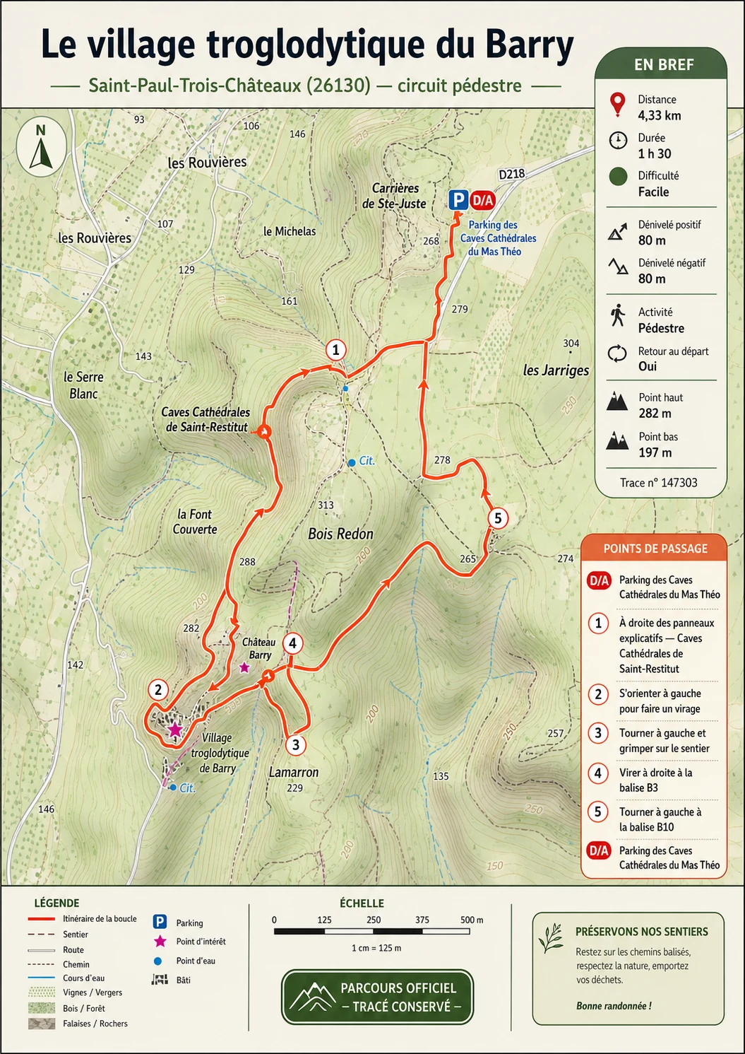 Carte premium de lecture du parcours Le village troglodytique du Barry, avec départ aux Caves Cathédrales du Mas Théo, points D/A à 5, relief, légende et statistiques randonnée.